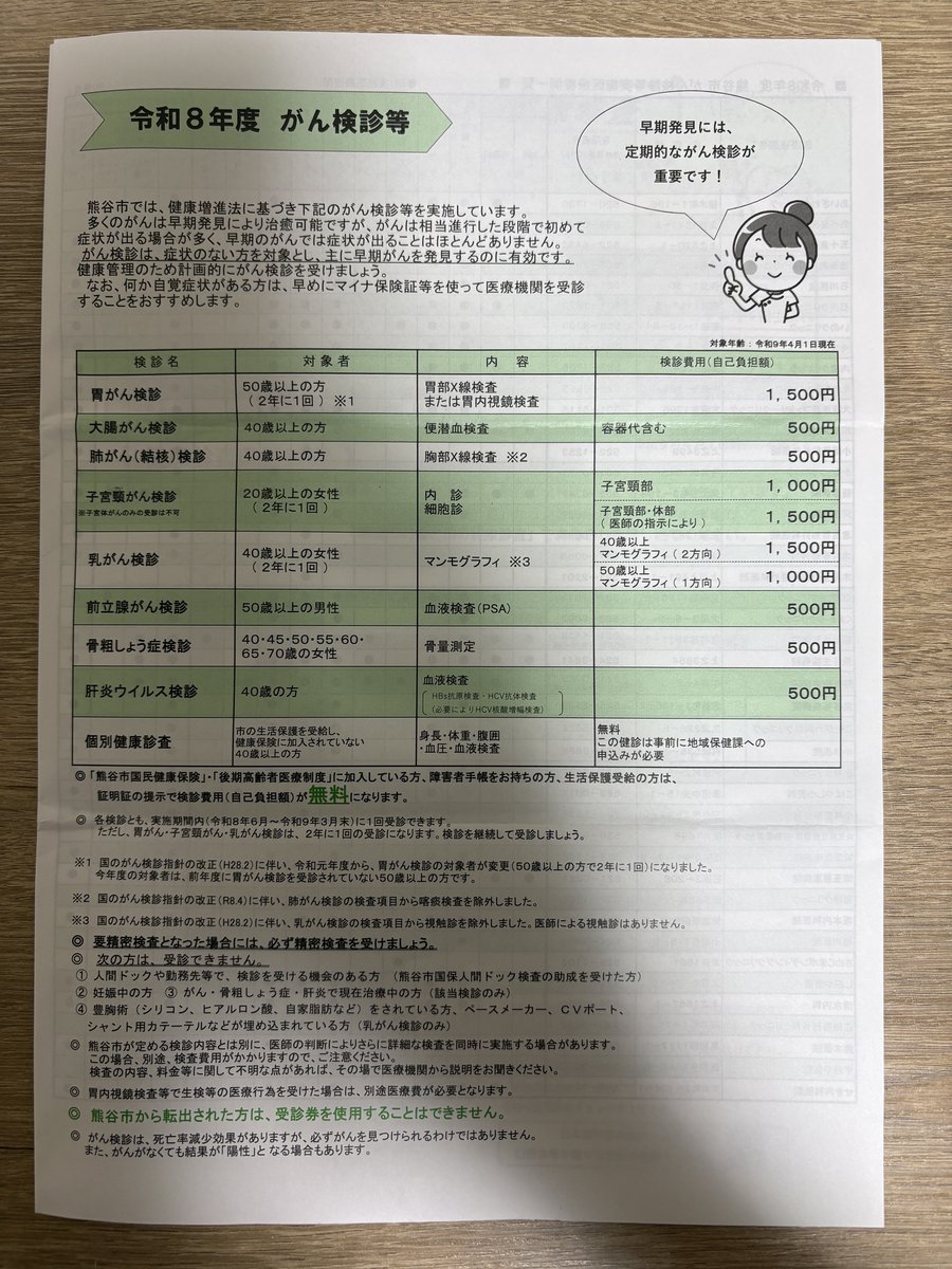 熊谷市の令和8年度がん検診等の対象者・検査内容・自己負担額をまとめた案内