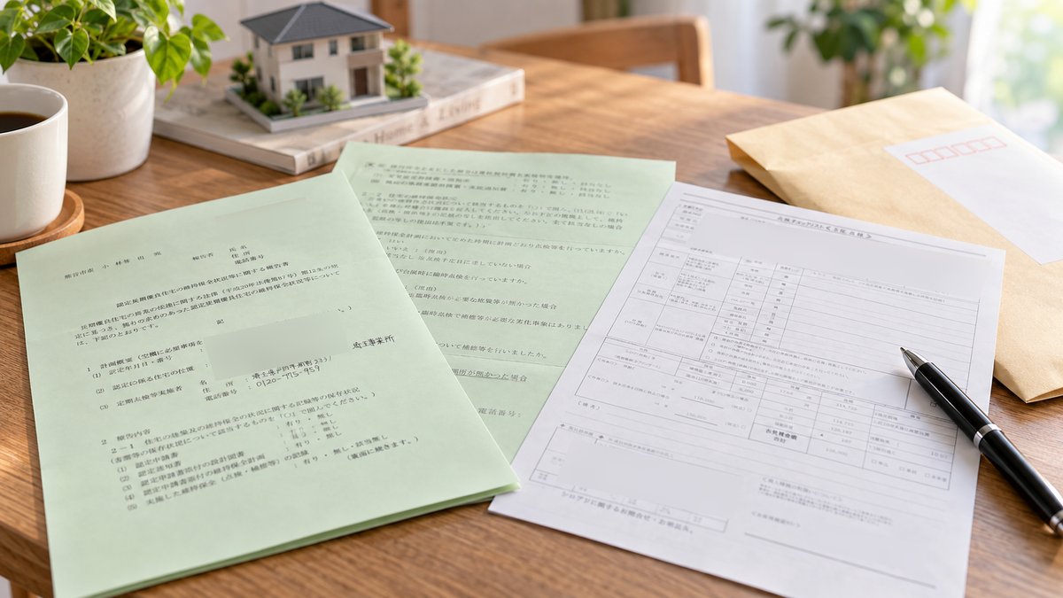 住宅の維持保全状況報告書と点検チェックリスト、封筒とペンを並べた木のテーブル