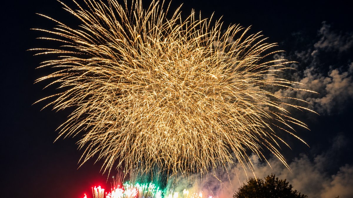 夜空いっぱいに広がる金色の花火のイメージ