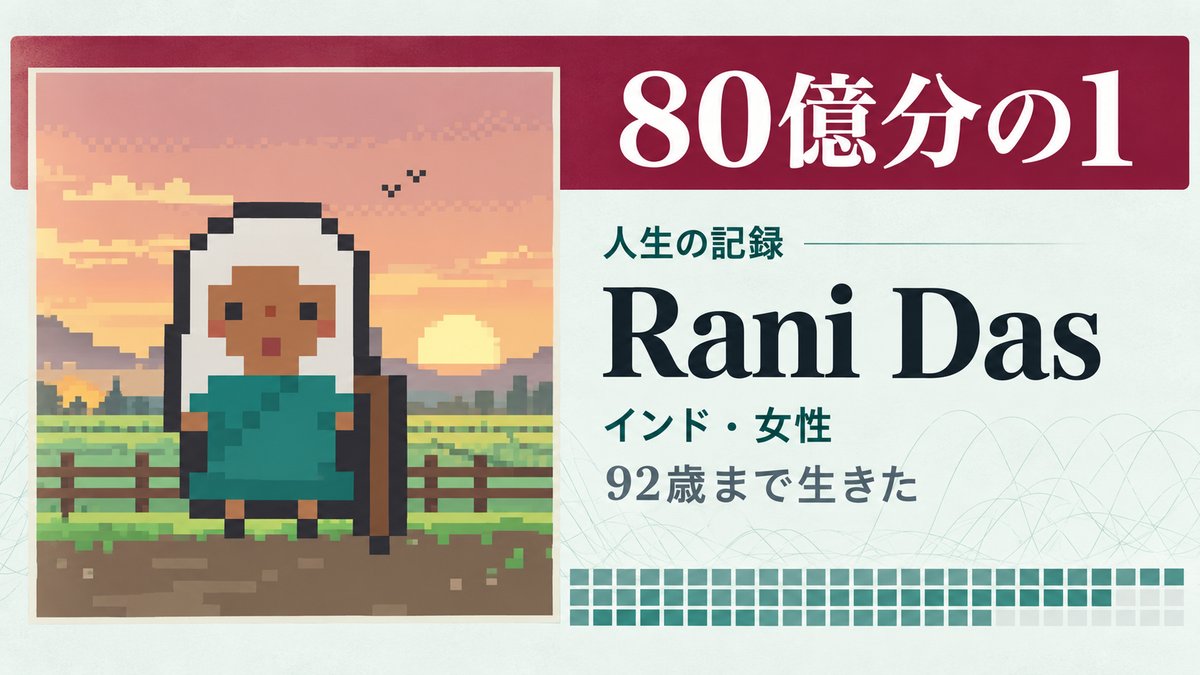 「80億分の1」でインドの女性Rani Dasとして92歳まで生きた人生を表すイラスト