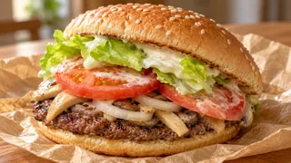 きのこ、ビーフパティ、トマト、レタスとクリーミーなソースを挟んだハンバーガー
