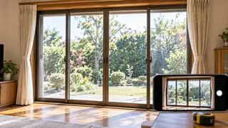 庭に面した4枚建ての大きな窓と、室内から窓全体を撮影するスマートフォン