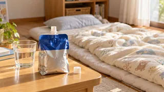 ゼリー飲料と水のコップを置いた木のテーブルと、奥に敷かれた布団のイメージ