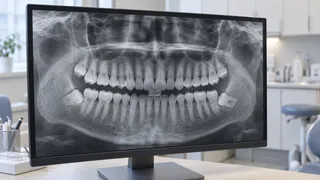 歯科診療室のモニターに、上下の歯と親知らずのレントゲン風画像が映っているイメージ。