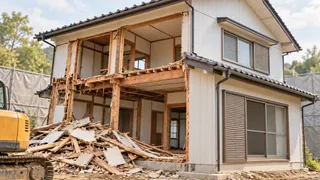外壁の一部を取り外した古い木造住宅と、手前に積まれた木材や重機を描いた解体工事のイメージ