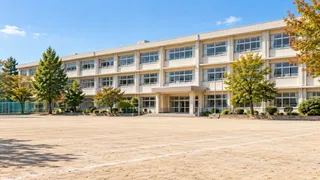 秋の小学校の校舎と広い校庭