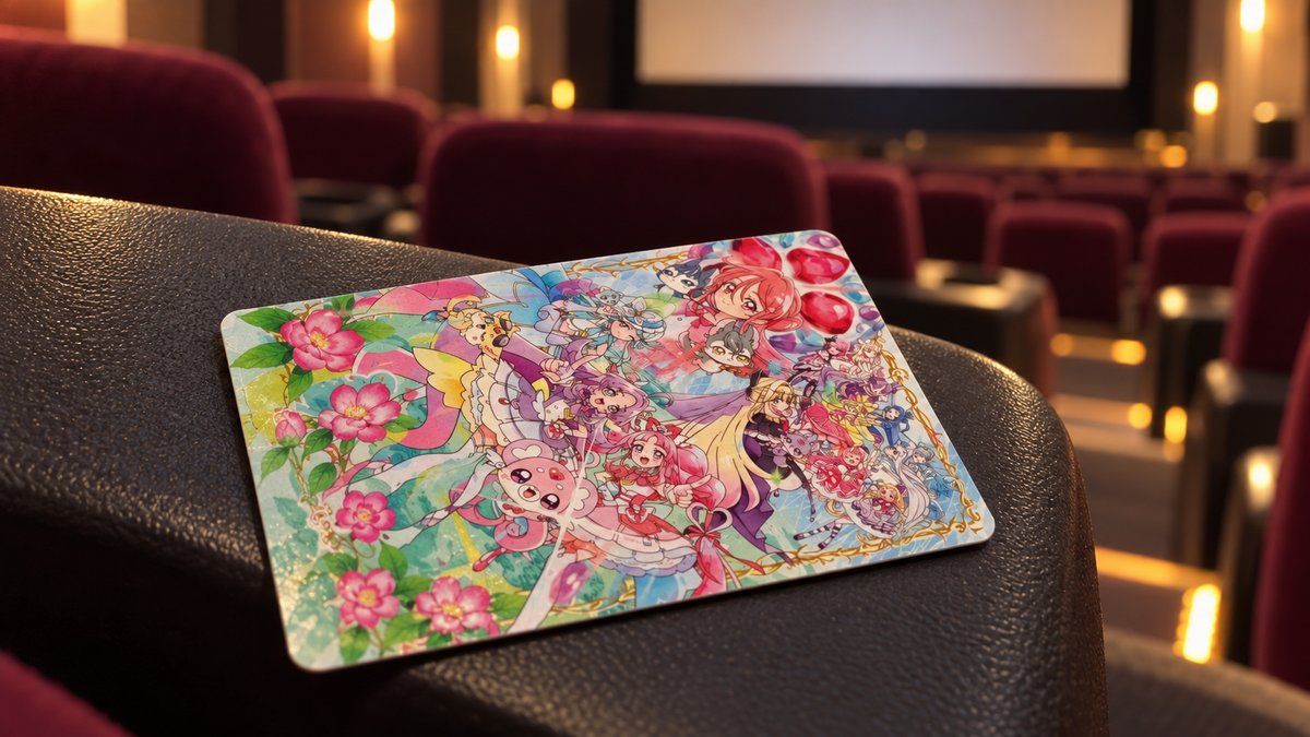 映画館の座席を背景に置かれたプリキュアのカード